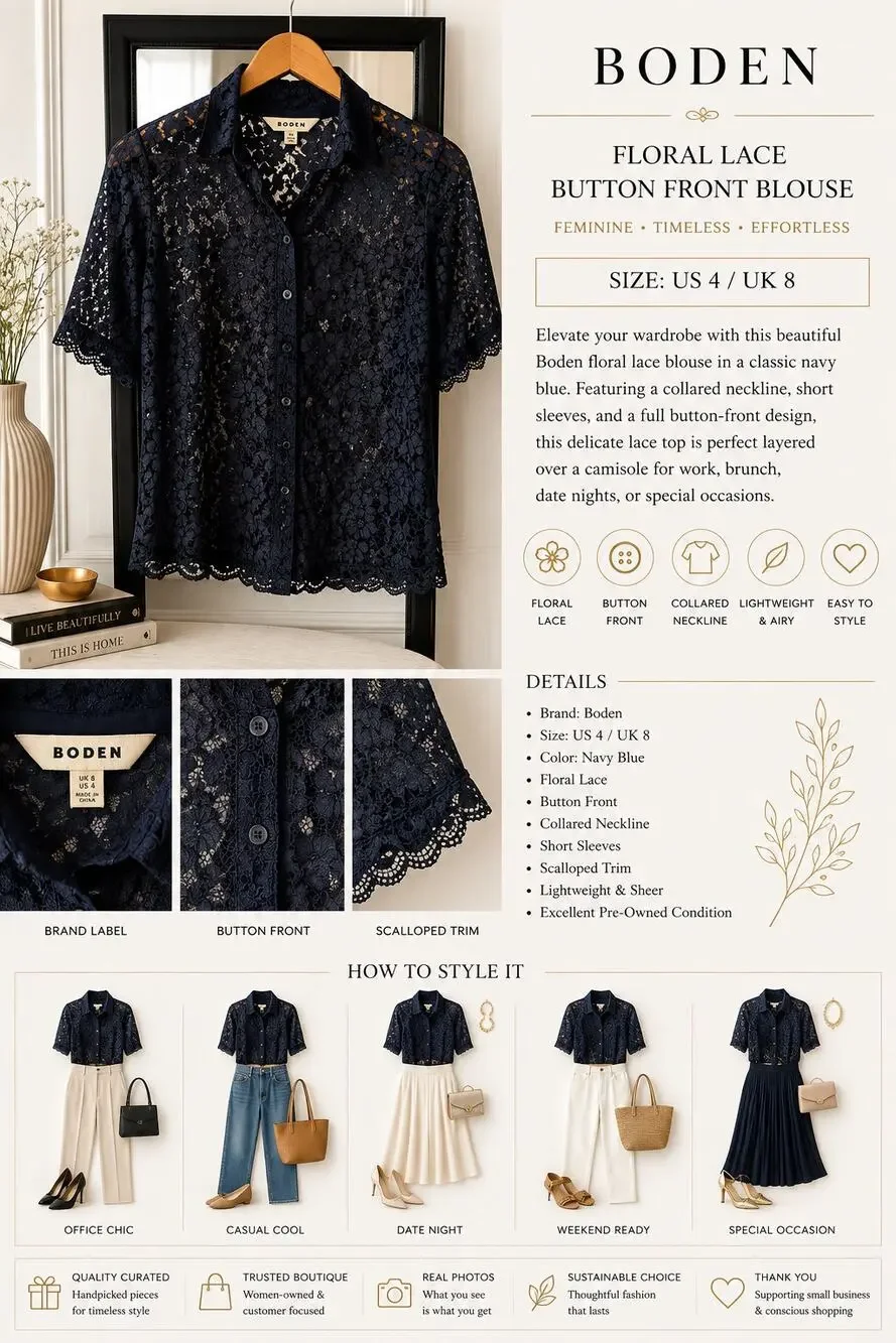 Boden Navy Lace Button-Front Camisole